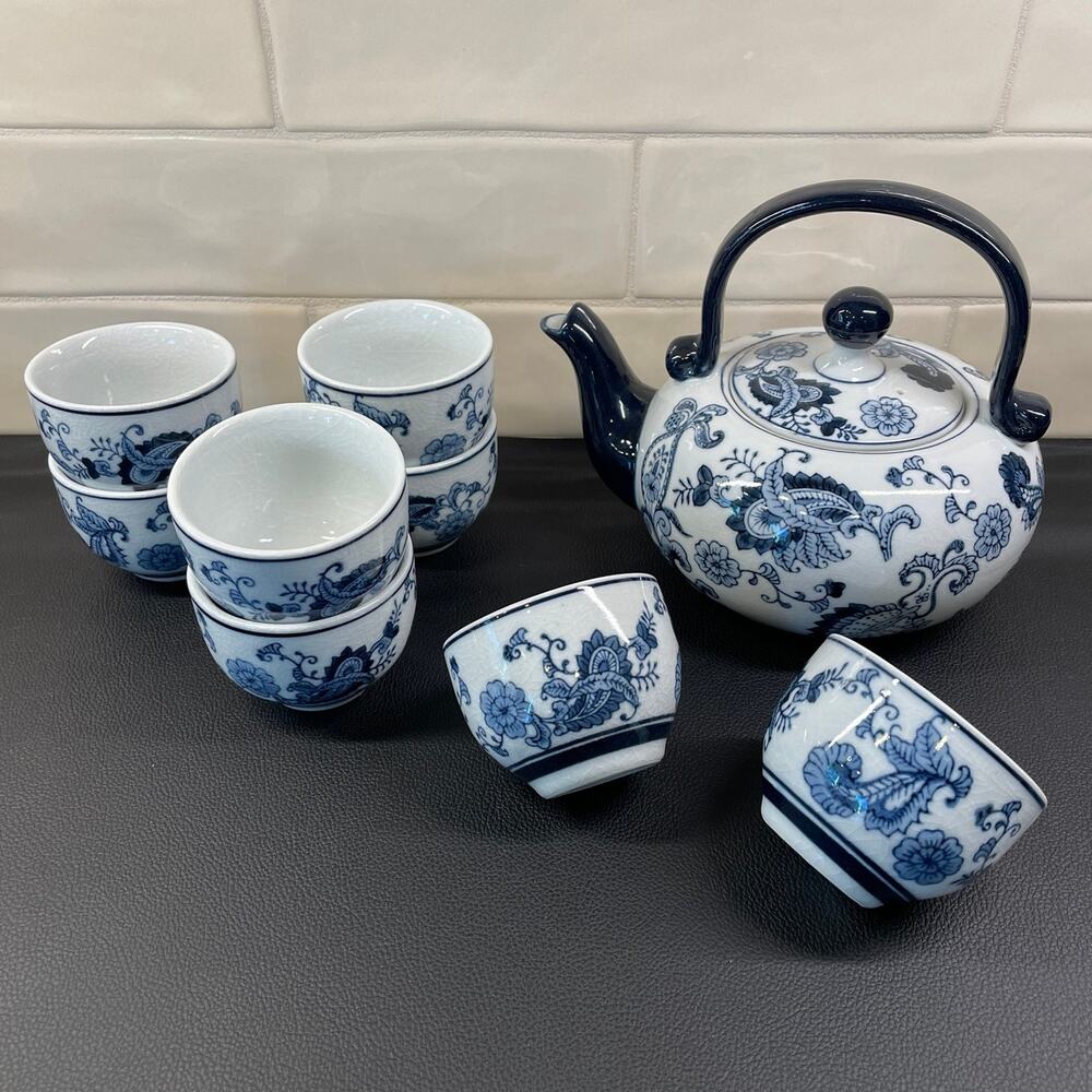 Blue and White Ceramic Vintage Pier 1 Teapot & 8 Cups Paisley Print